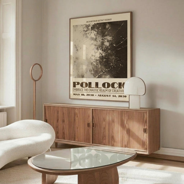 May include: Jackson Pollock exhibition poster displayed in modern living room with warm wood sideboard, white sculptural chair, glass coffee table, and copper floor lamp. The vintage-style poster features abstract black and white artwork with bold typography advertising dates in 2030. Soft natural lighting creates shadows across polished floors in minimalist interior setting.