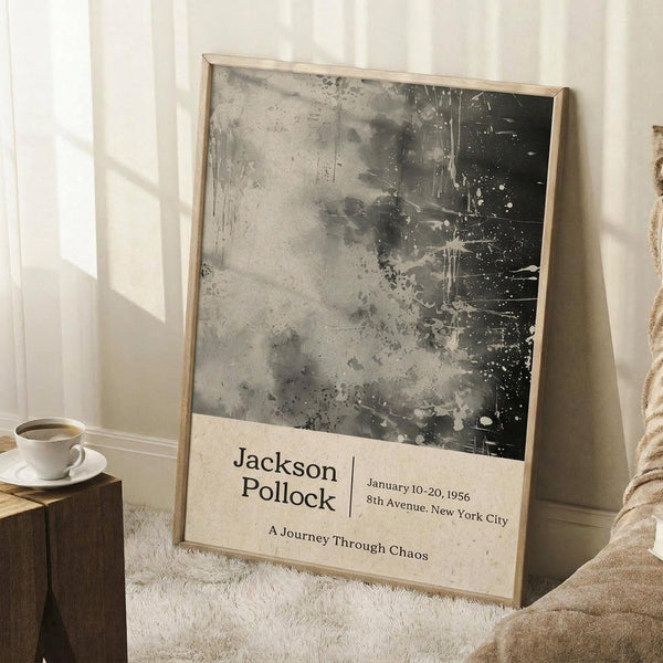 May include: Framed abstract art poster with gray and black paint splatters and drips against cream background, leaning against white wall next to wooden side table with coffee cup and beige throw blanket. Minimalist room setting with natural lighting creating window shadows on wall.