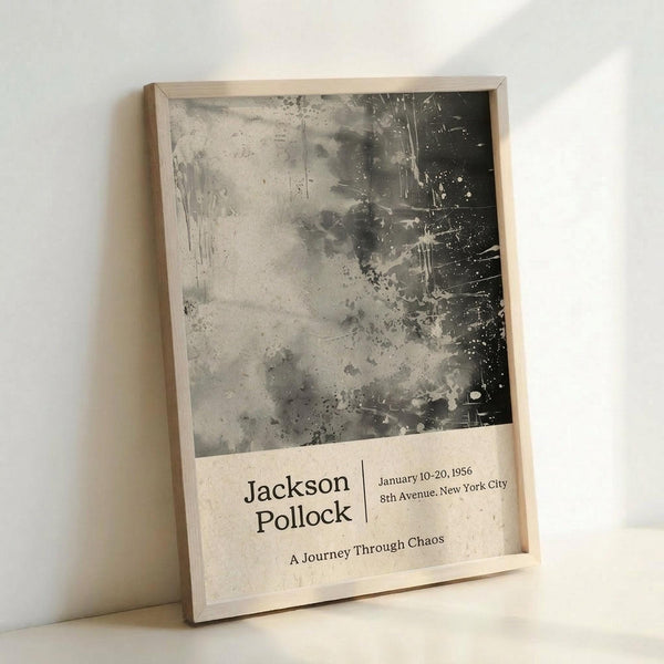 May include: Framed poster leaning against white wall showing abstract black and white splattered artwork in Jackson Pollock's signature drip painting style. Below the chaotic paint splatters is white text reading "Jackson Pollock" with exhibition details "January 10-20, 1956, 8th Avenue, New York City" and "A Journey Through Chaos." Light wood frame surrounds the vintage-style museum poster print.
