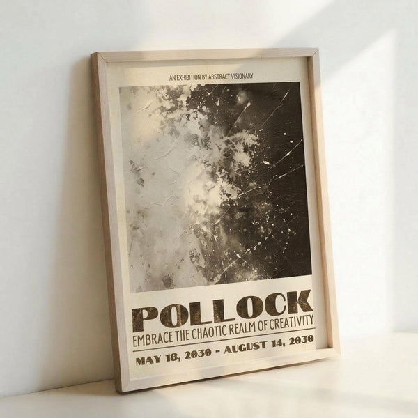 May include: Framed exhibition poster in light wood frame leaning against white wall. Black and white abstract splatter artwork fills upper portion with chaotic paint splatters and streaks. Bold text reads "POLLOCK" and "EMBRACE THE CHAOTIC REALM OF CREATIVITY" with exhibition dates. Cream-colored poster has vintage exhibition announcement style with dramatic contrast between light and dark abstract elements.