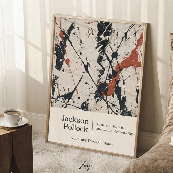 May include: Abstract expressionist artwork poster in light wood frame leaning against white wall. Features chaotic black paint splatters and drips with orange-red accents on cream background. Exhibition-style text below reads "Jackson Pollock" with dates and "A Journey Through Chaos." Scene shows cozy corner with white coffee cup on wooden block, cream knit blanket, and natural sunlight creating shadows on white walls and fluffy rug.