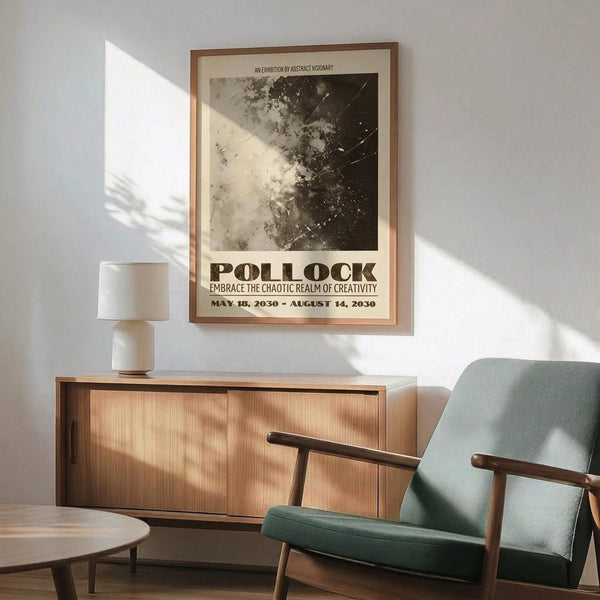 May include: Framed Jackson Pollock exhibition poster hanging above mid-century modern wooden credenza with white table lamp. Features abstract black and white splattered artwork with "POLLOCK" text and exhibition dates. Mint green upholstered armchair with wooden frame sits beside round coffee table. Warm sunlight creates geometric shadows on white wall in minimalist living room setting.