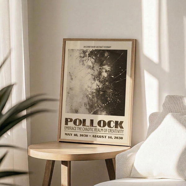 May include: Framed poster with abstract black and white splattered artwork displayed on round wooden side table next to beige upholstered chair. Poster features "POLLOCK" text and exhibition details dated 2030. Natural lighting creates soft shadows on white wall. Green plant leaves visible in corner. Minimalist modern interior styling with neutral tones throughout the scene.