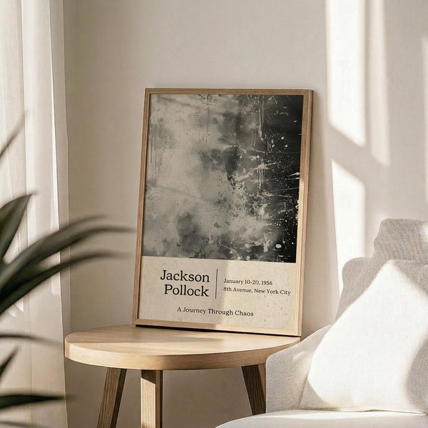 May include: Framed poster with abstract black and gray splattered artwork in the upper portion and white text area below, displayed on a round wooden side table next to a beige upholstered chair. Natural sunlight streams across the neutral-toned room, with a houseplant visible in the corner. The poster features a thin wooden frame and museum-style text layout.