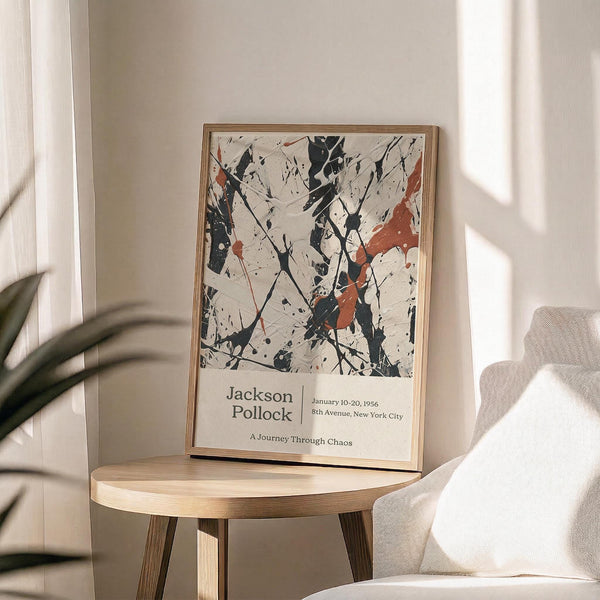 May include: Framed abstract art poster featuring black paint splatters and brushstrokes with orange accents on cream background, displayed on round wooden side table next to beige upholstered chair. Natural lighting creates soft shadows on white wall. Green plant leaves visible in corner. Wood frame matches table's light finish.