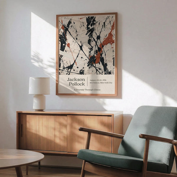 a modern living room with a wooden cabinet, a green armchair, and a wooden coffee table. Above the cabinet, there is a framed poster with a black and white abstract painting.