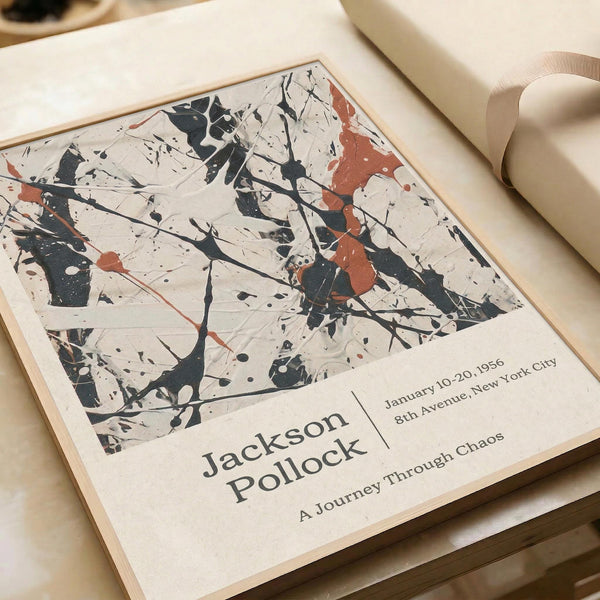 a framed print of Jackson Pollock's painting titled "A Journey Through Chaos".