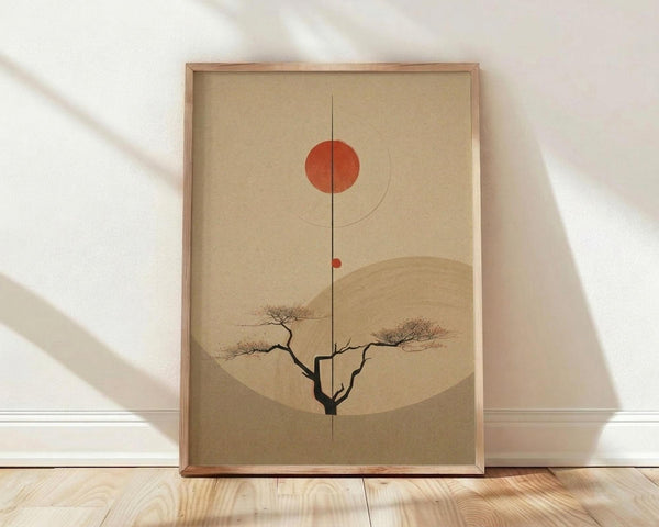 May include: Minimalist Japanese-inspired artwork in light wood frame leaning against white wall on blonde hardwood floor. Beige textured background features geometric composition with orange-red sun, curved lines, rolling hills in earth tones, and delicate bare tree with spreading branches. Soft natural lighting creates diagonal shadows across the scene.
