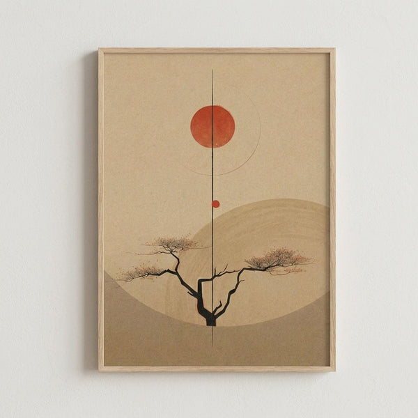 May include: Minimalist art print in light wood frame on white wall featuring beige background with red-orange sun, geometric circles, bare branching tree with sparse foliage, and vertical line creating symmetrical composition in warm earth tones