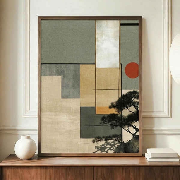 May include: Framed abstract artwork featuring geometric shapes in sage green, cream, and terracotta tones with black pine tree silhouette overlaid on composition, displayed on wooden credenza beside white ceramic vase and stacked books in neutral-toned room with white paneled walls