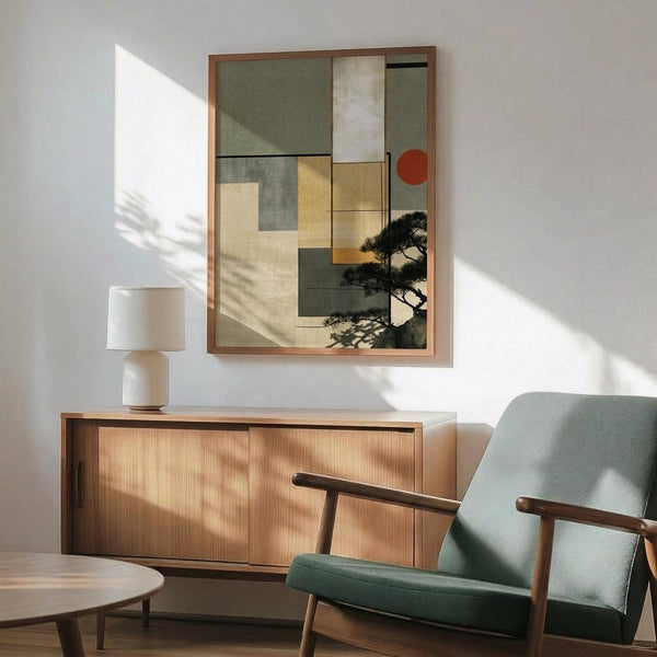 May include: Abstract artwork featuring geometric shapes in sage green, cream, and golden tones with black pine tree silhouette and red circle accent, displayed in wooden frame above mid-century modern credenza. Mint green upholstered armchair with wooden arms sits nearby, white table lamp and round coffee table complete the minimalist living room scene with natural sunlight casting shadows on white walls.