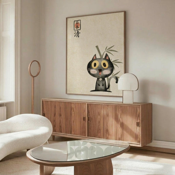 May include: A framed poster featuring a cute black cat with large yellow eyes sitting next to green bamboo, with Japanese characters above, displayed on a walnut wood credenza in a modern living room with cream walls, white sculptural chair, glass coffee table, and white table lamp