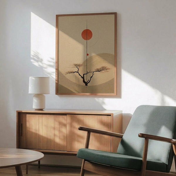 May include: A minimalist Japanese-style poster displayed in a modern living room setting, featuring a bare tree silhouette against beige tones with a red sun above and curved landscape elements. The artwork is framed in natural wood and hung above a wooden sideboard with white lamp. A sage green mid-century armchair sits nearby, with natural sunlight casting shadows across white walls.