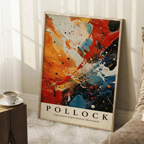 May include: Abstract expressionist artwork poster with vibrant orange, red, blue and white paint splatters and drips in wooden frame, leaning against white wall next to coffee cup on wooden block and cream textured blanket on white fluffy rug