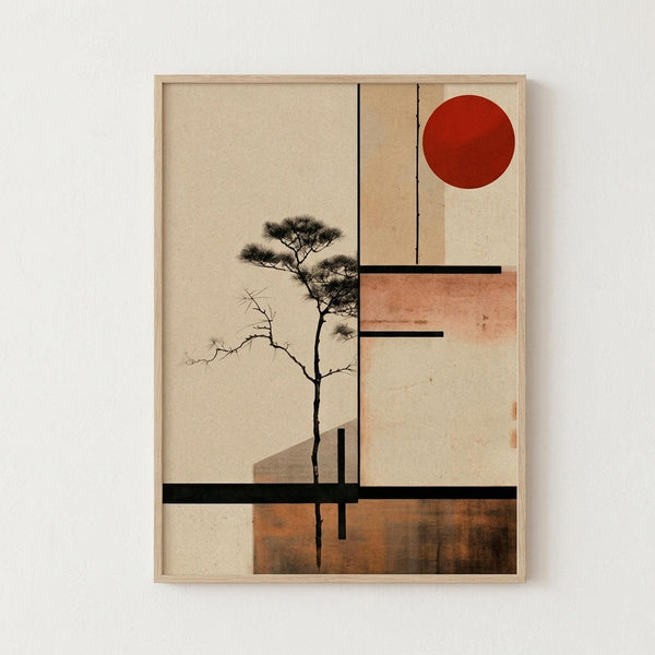 May include: Framed artwork hanging on white wall showing minimalist composition with silhouetted tree, red sun circle, and geometric blocks in beige, coral, and brown tones. Black lines divide the image into sections creating modern abstract design with Japanese-inspired aesthetic. Light wood frame surrounds the print.