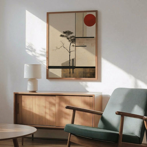 May include: Framed Japanese-inspired artwork featuring a lone tree silhouette with sparse branches against a beige background, red circle representing sun in upper right, geometric black lines creating grid pattern overlay. Displayed above wooden sideboard with white ceramic lamp, next to sage green mid-century armchair with wooden arms. Warm sunlight creates shadows across white wall and wooden furniture in modern living room setting.