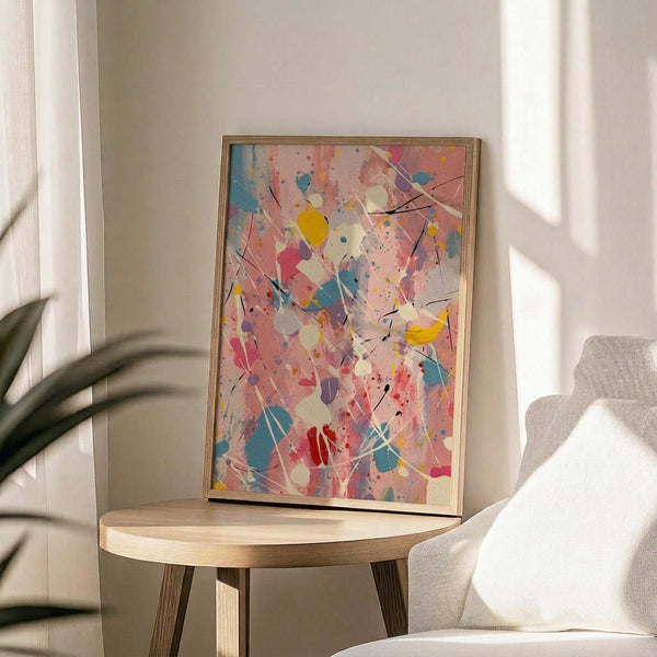 May include: Abstract expressionist artwork with vibrant paint splatters and drips in pink, blue, yellow, and red colors, displayed in thin wooden frame on round natural wood side table next to beige upholstered chair. Sunlight streams across white wall creating geometric shadows, with green plant leaves visible in corner of modern minimalist room setting.