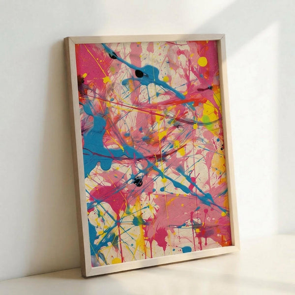May include: Abstract expressionist style artwork in light wood frame leaning against white wall. Vibrant paint splatters and drips in bright blue, hot pink, yellow, and white create dynamic layered composition. Energetic brushstrokes and paint drips overlap across cream background, showing textured paint application typical of action painting technique.