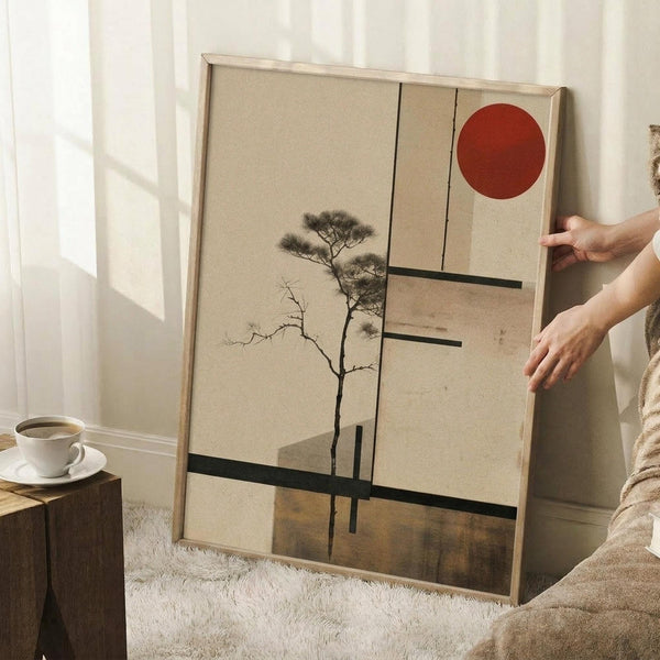 May include: Framed minimalist poster featuring a bare tree silhouette with geometric black lines and a red circular sun against a beige background. Person's hands position the light wood-framed artwork against white wall in bright room setting. White coffee cup on wooden block visible nearby on textured white rug.
