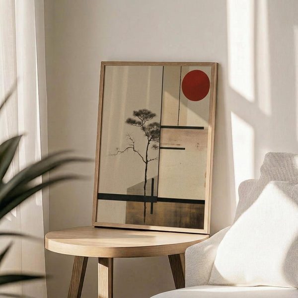 May include: Framed minimalist artwork displayed on round wooden table beside beige upholstered chair. Art features delicate tree silhouette with sparse branches against cream background, geometric shapes including red circle resembling sun, and horizontal dark lines creating abstract composition. Natural wood frame complements warm lighting and neutral room tones with plant shadows visible.