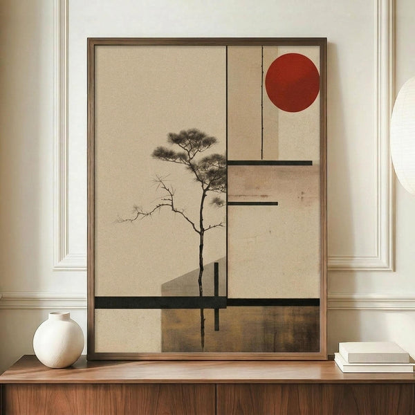 May include: Framed abstract artwork featuring a minimalist Japanese-inspired design with a solitary tree silhouette, red circle sun, and geometric black lines on neutral beige background. The poster is displayed on a wooden sideboard alongside a white ceramic vase and stacked books in a modern interior with cream walls and white molding.