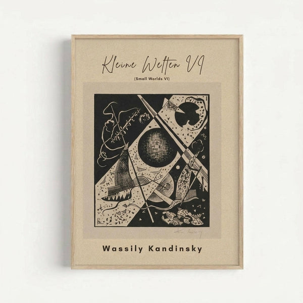 Abstract geometric artwork by Wassily Kandinsky featuring black and white contrasting shapes including circles, triangles, and curved forms with intricate line work and crosshatching patterns. The print is displayed in a light wooden frame against a cream colored mat, mounted on a white wall. The composition shows dynamic angular elements intersecting with organic flowing lines and textured surfaces in a modernist style.