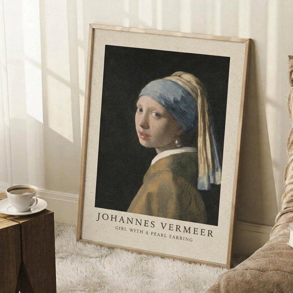 May include: Framed reproduction of Vermeer's Girl with a Pearl Earring displayed on white fluffy rug against white wall with window light. Print shows young woman in blue and yellow headwrap with pearl earring on dark background. Wooden frame with cream matting, positioned next to small wooden side table with white coffee cup and saucer.