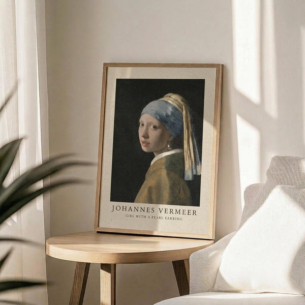 May include: Framed art print of Vermeer's Girl with a Pearl Earring displayed on a round wooden side table next to a beige upholstered chair. The print shows a young woman in blue and yellow headwrap with pearl earring against dark background, housed in thin gold frame with white matting. Soft natural light creates shadows across neutral-toned room with plant leaves visible in corner.