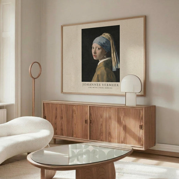 May include: Framed art print of Vermeer's Girl with a Pearl Earring displayed above a warm wood sideboard in a minimalist living room. The reproduction shows a young woman in blue and yellow headwrap with pearl earring against dark background. Modern furniture includes white curved chair, glass oval coffee table, and brass floor lamp. Neutral beige walls with natural lighting.