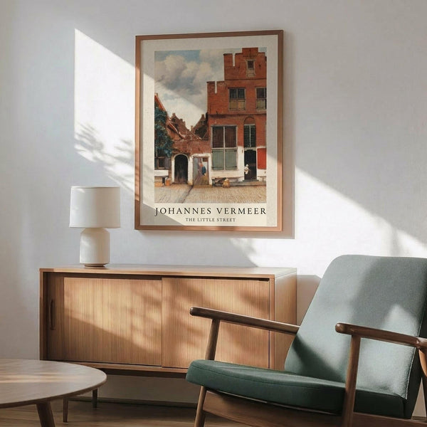 May include: Framed Vermeer reproduction showing Dutch street scene with red brick buildings and cloudy sky, displayed above wooden sideboard with white ceramic lamp in modern living room with sage green mid-century chair and natural lighting casting shadows on white wall.