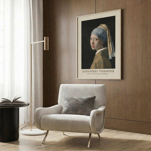 May include: Framed art print of Vermeer's Girl with a Pearl Earring hanging on wood-paneled wall above beige upholstered armchair with geometric patterned pillow. Modern brass floor lamp stands beside black round side table with open book. Neutral toned room with natural lighting from window with sheer curtains.