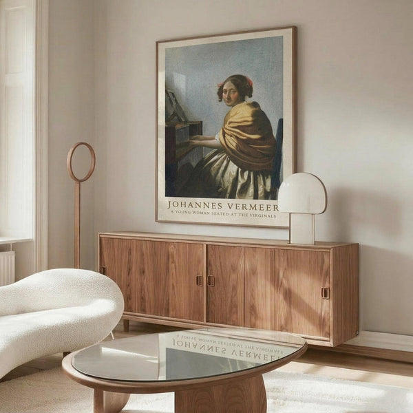 May include: Framed art print of Vermeer's painting showing a young woman in golden yellow and white robes seated at a virginal piano, displayed on a wooden credenza in a minimalist room with cream walls, white upholstered chair, glass coffee table, and warm natural lighting creating subtle reflections on the glossy surfaces.