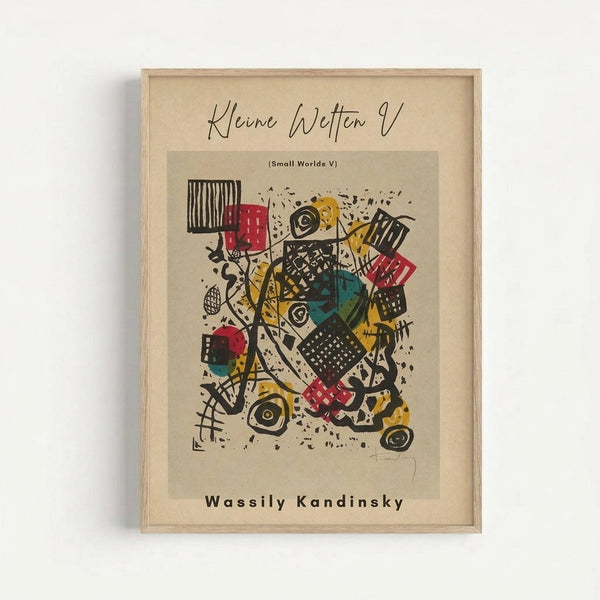 Framed abstract art print by Wassily Kandinsky featuring geometric shapes in red, yellow, teal, and black with various patterns including stripes, dots, and cross-hatching. The composition shows scattered rectangular and circular forms with dynamic lines and splattered elements against a beige background. Displayed in a light wood frame mounted on a white wall.