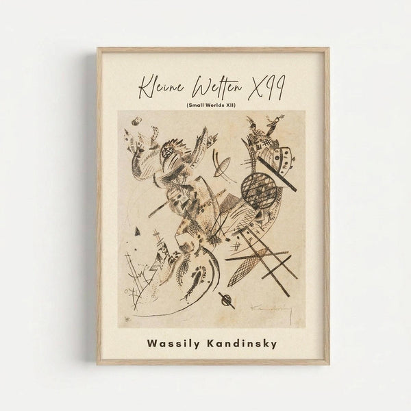 Abstract artwork featuring intricate black line drawings and geometric shapes on cream-colored paper, displayed in a light wooden frame against a white wall. The composition includes organic flowing forms, crosshatched patterns, circles, and angular elements in Kandinsky's distinctive style. Text at top reads "Kleine Welten XII" and "Wassily Kandinsky" appears at bottom in clean typography.