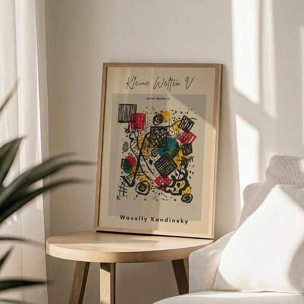 May include: Abstract art print by Wassily Kandinsky featuring colorful geometric shapes in red, yellow, black, and teal with scattered dots and lines, displayed in light wood frame on round wooden side table next to beige upholstered chair with plant leaves visible in soft natural lighting