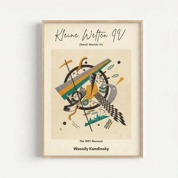 Abstract modernist artwork in wooden frame featuring dynamic geometric shapes, curved lines, and bold colors including teal, orange, black, and gray. The composition shows Kandinsky's characteristic style with flowing forms, checkered patterns, and organic elements against a cream background. Museum exhibition poster format with artist name at bottom.