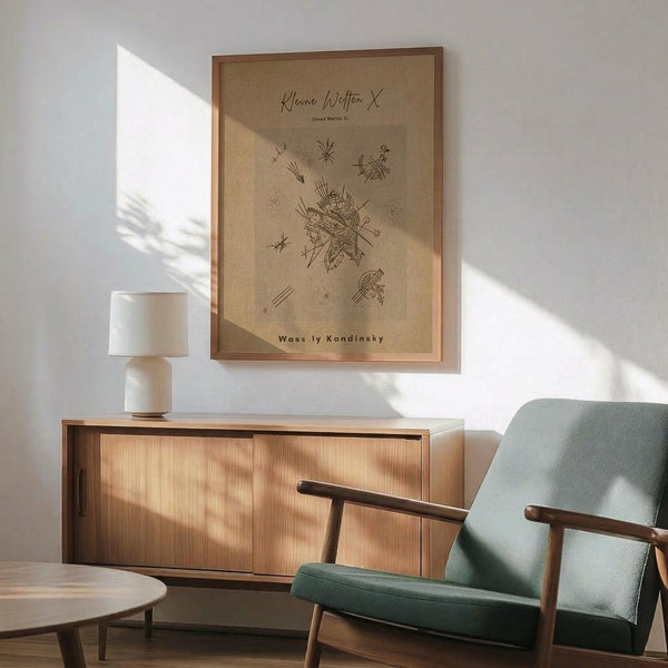 May include: Framed abstract art print with geometric line drawings on beige background, displayed above wooden sideboard with table lamp. Modern mint green upholstered chair with wooden arms sits beside round coffee table. Warm sunlight creates shadows across white wall in minimalist living room setting.