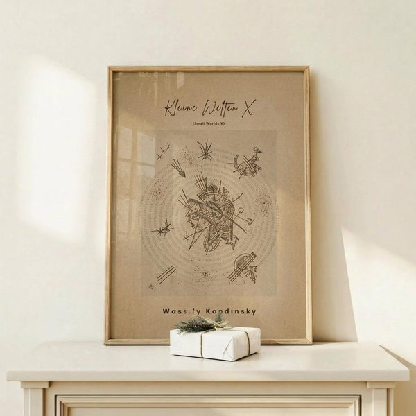May include: Framed beige poster with abstract circular design featuring geometric lines, dots, and star-like symbols by Wassily Kandinsky displayed on light wood console table. Small white wrapped gift with twine and evergreen sprig sits in front. Warm natural lighting creates soft shadows on cream wall background.