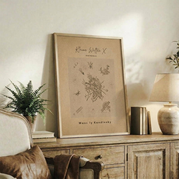 May include: Framed beige abstract art print with geometric line drawings and German text, displayed on rustic wooden sideboard alongside potted fern, ceramic vase, stacked books, and brown leather armchair in neutral-toned living room setting with natural lighting