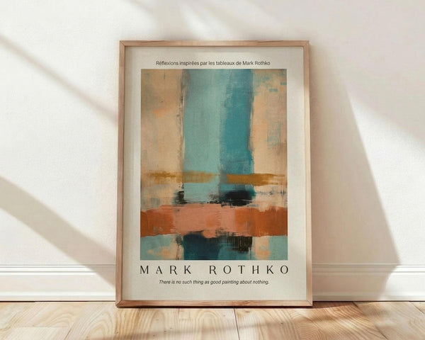 May include: Framed abstract art print leaning against white wall on light wooden floor. Poster features horizontal blocks of teal blue, cream, orange and coral colors in painterly style with soft edges and texture. French text at top, artist name and quote at bottom. Natural wood frame with white matting. Soft window light creates diagonal shadows across white textured wall.