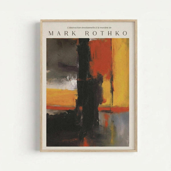 Abstract expressionist painting featuring bold vertical blocks of color including vibrant orange, deep red, bright yellow, and dark charcoal black with softer gray and white areas. The artwork shows characteristic soft-edged rectangular forms with painterly, blended transitions between colors. Text at top reads "L'abstraction émotionnelle à la manière de MARK ROTHKO" in elegant typography. The print is displayed in a light wood frame against a white wall, showing the museum-quality presentatio