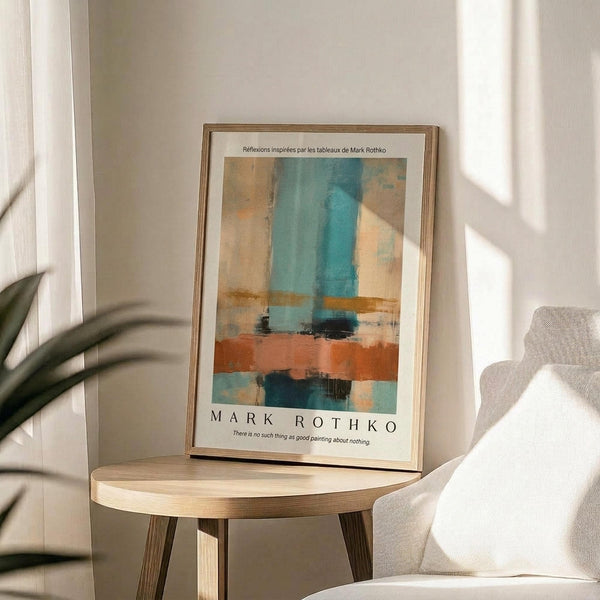 May include: Framed abstract art print with turquoise, orange, and cream color blocks in Rothko's signature style, displayed on round wooden side table next to beige upholstered chair. Natural sunlight creates geometric shadows on white wall. Green plant leaves visible in corner. Print features French text at top and artist name at bottom in clean typography.