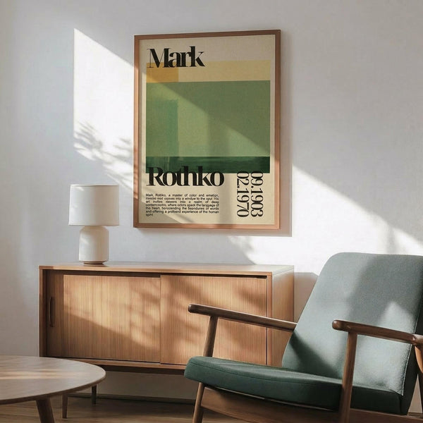 May include: Framed poster with Mark Rothko's name and birth-death dates displayed above color-blocked sections in cream, yellow, and green tones, shown hanging on white wall above wooden sideboard with white ceramic lamp, next to mid-century modern sage green upholstered armchair with wooden frame in sunlit room setting.