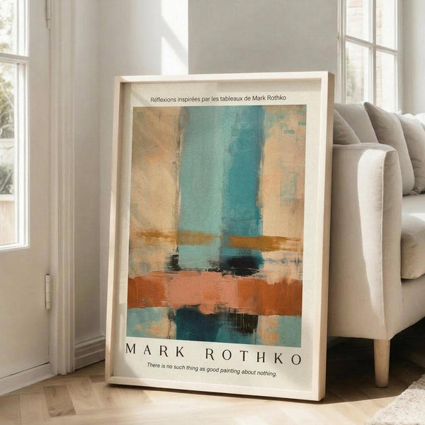 May include: Framed abstract art poster with orange, teal, and cream color blocks in Rothko's style, displayed on light wooden floor against white wall next to beige sofa. Natural sunlight streams through tall windows creating soft shadows. The artwork features horizontal bands of warm and cool tones with painterly textures and includes text attribution below the image.
