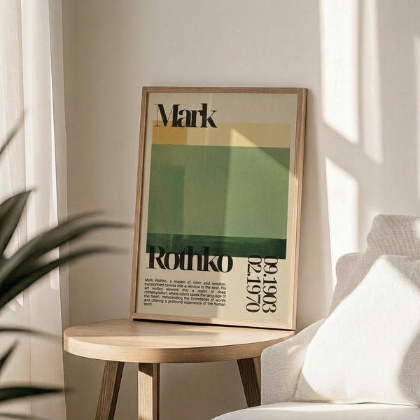May include: Framed art print with Mark Rothko's name in black text at top, horizontal color blocks in cream, yellow, light green, and dark green, with "Rothko" and dates "09.1903 02.1970" in black text at bottom. Print sits on round wooden side table next to beige upholstered chair, with plant shadow cast on white wall behind. Natural sunlight creates geometric shadows across the scene.