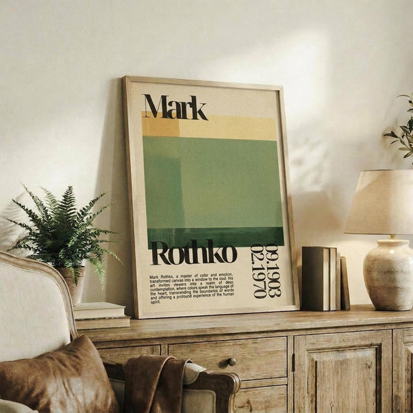 May include: Framed vintage-style art poster with Mark Rothko's name and birth-death dates, featuring horizontal color blocks in cream, yellow, and green tones. Displayed on rustic wooden sideboard alongside fern plant, ceramic vase, books, and table lamp in warm, modern living room setting with neutral textiles.