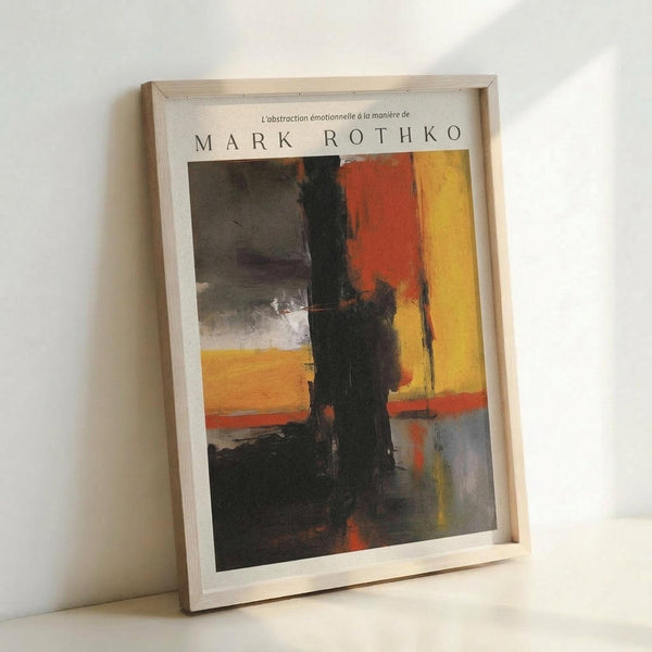 May include: Framed abstract art poster leaning against white wall, featuring bold vertical blocks of orange, red, and yellow paint with black brushstrokes. Light wooden frame contains white matted print with "MARK ROTHKO" text at top and French subtitle. Soft natural lighting creates gentle shadows on textured white wall surface.
