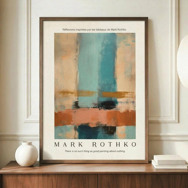 May include: Framed abstract art print in warm wooden frame displayed on mid-century walnut credenza against cream paneled wall. Artwork features soft color blocks in turquoise, coral orange, cream and navy with Mark Rothko attribution text below. Small white ceramic vase and stacked books flank the frame. Natural lighting creates gentle shadows on the textured painted surface.