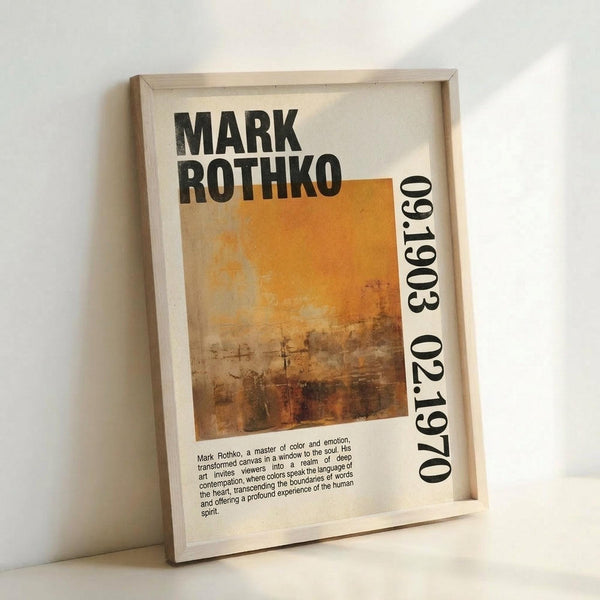 May include: Framed poster print leaning against white wall featuring Mark Rothko's name in bold black letters, orange and brown abstract painted artwork, biographical text, and birth/death years displayed vertically. Light wood frame surrounds cream-colored background with warm lighting creating soft shadows.
