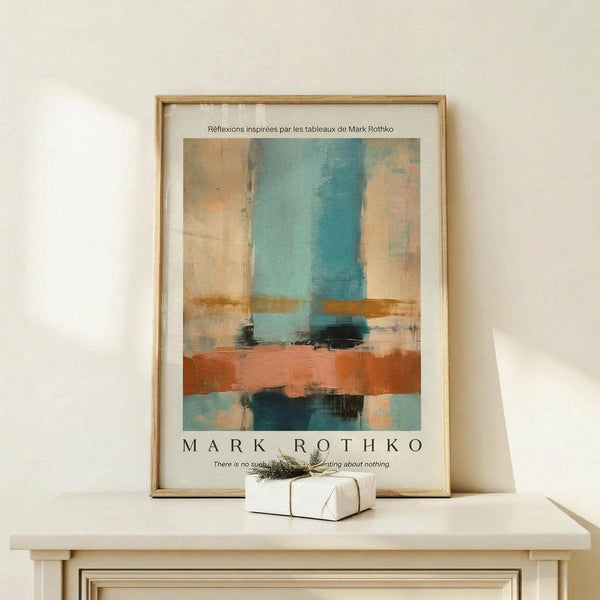 May include: Framed abstract art print displayed on light wood surface against cream wall. Artwork features vertical bands of turquoise blue, coral orange, cream, and dark navy in Rothko's signature color field style. Thin natural wood frame with white matting. Small white wrapped gift box with twine and greenery sprig sits in front. French text visible at top of print.